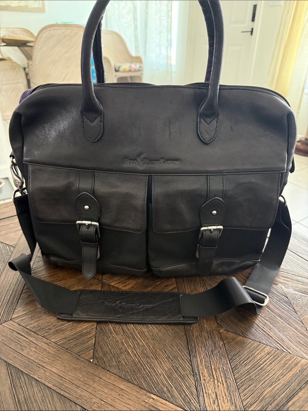 Ralph Lauren Polo Black Leather & Canvas Messenger Bag Rolled Handles Crossbody